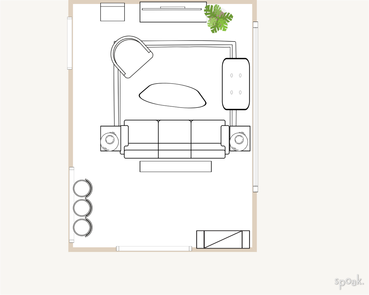 Rectanglar Living + Dining Room Floor Plan designed by KATHERINE ECK