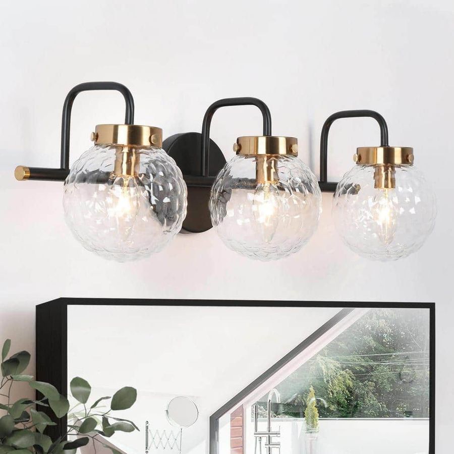 LNC Modern 3-Light Black Vanity Light Brass Wall Light with Raspberry Glass Shade for Bathroom Vanity Mirror and Powder Room LZMQ7FI04W3D8C - The Home Depot added by Ruthann R