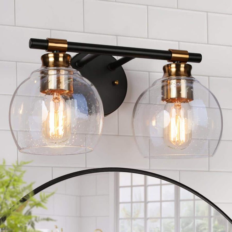 Zevni 14 in. 2-Light Modern Black Bathroom Vanity Light, Rustic Vintage Brass Vanity Light, Globe Seeded Glass Wall Sconce Z-F7M7NYJF-4542 - The Home Depot added by HELEN SALGADO