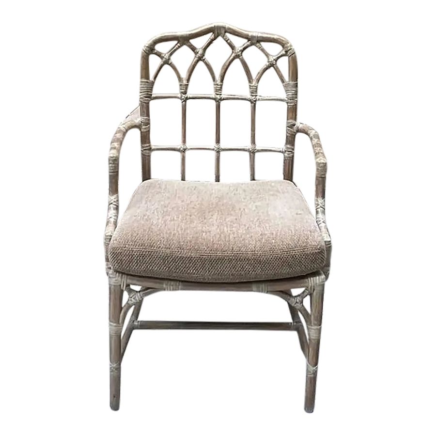 Circa 1980s McGuire Cathedral Rattan Arm Chair & Cushion added by Brooke Schwartz