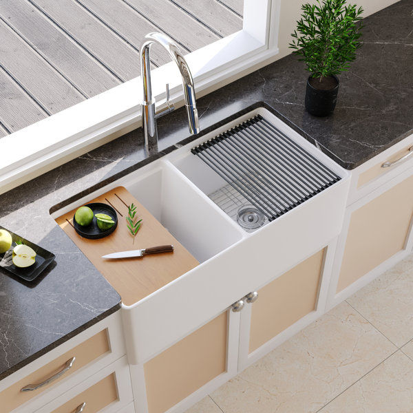 DeerValley 33" L X 20" W Double Basin Workstation Farmhouse Kitchen Sink With Sink Grid, Cutting Board And Dish-Drying Rack added by Stephanie Distler