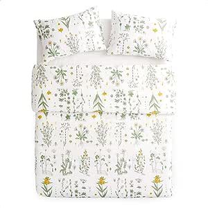 Wake In Cloud - Botanical Comforter Set, 100% Cotton Fabric with Soft Microfiber Fill Bedding, Yellow Flowers and Cottagecore Green Leaves Floral Pattern Printed on White (3pcs, Twin Size) added by Shayna Hunt-Colon