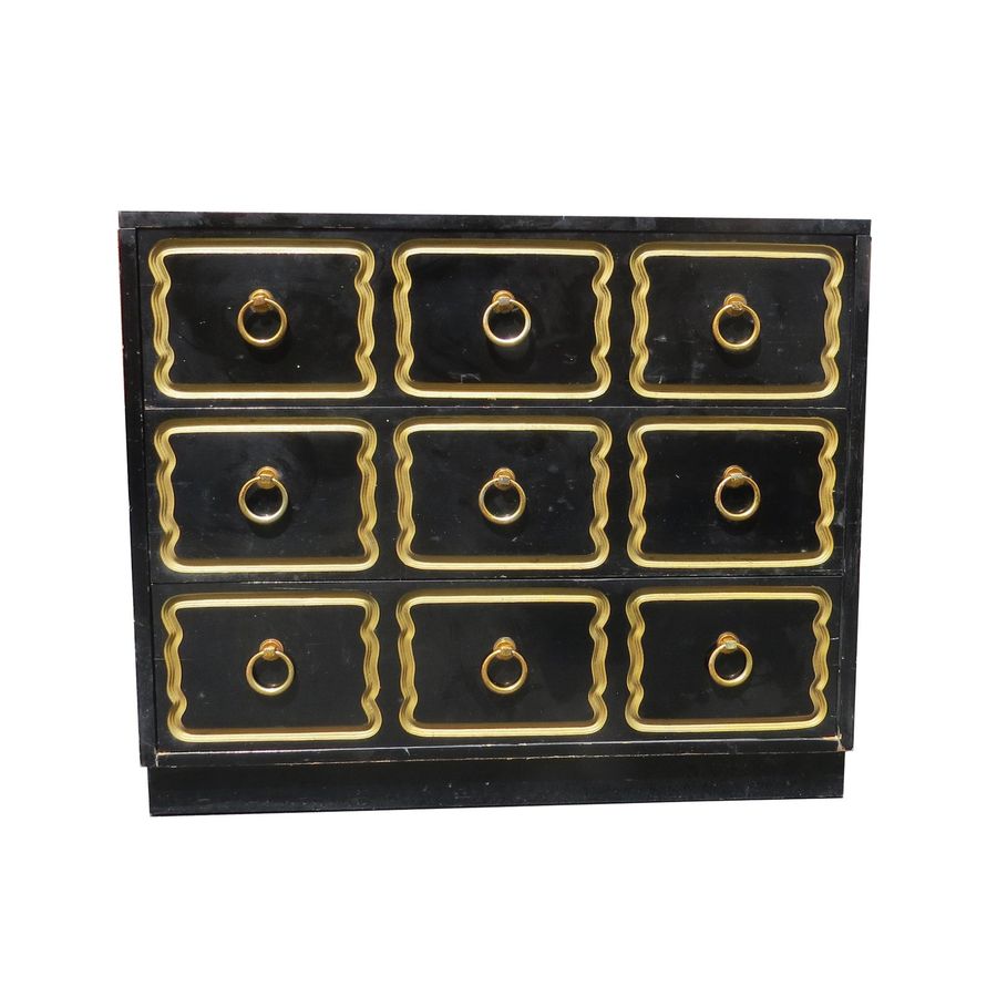 Vintage American Mid-Century Dorothy Draper Espana Style 3-Drawer Black and Gilt Dresser added by Ashley Hess