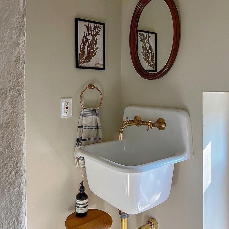 Unlacquered Brass Bathroom Sink Wall Mount Faucet | Insideast added by Alex Grey