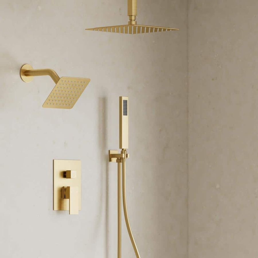 CRANACH 3-Spray Ceiling Mount 10 and 6 in. Dual Shower Head and Handheld Shower Head in Brushed Gold (Valve Included) CR1-S060-10GI - The Home Depot added by Erin Herston