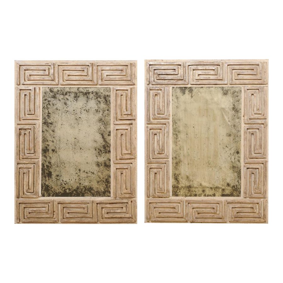 20th Century Carved Wood Greek Key Motif Antiqued Mirrors - a Pair added by Julia Martin