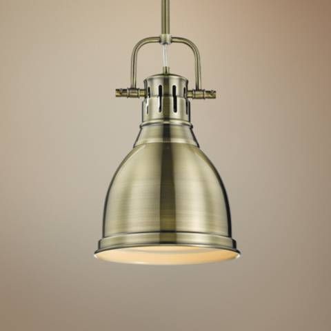 Duncan 9" Wide Aged Brass Modern Industrial Mini-Pendant with Rod - #60T00 | Lamps Plus added by Maggie Norman