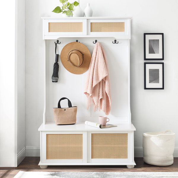 Aiyub 4-In-1 Hall Tree Entryway Coat Rack w/ Solid Wood Feet, Entryway Bench Rattan Sliding Door added by Alexandra Reif