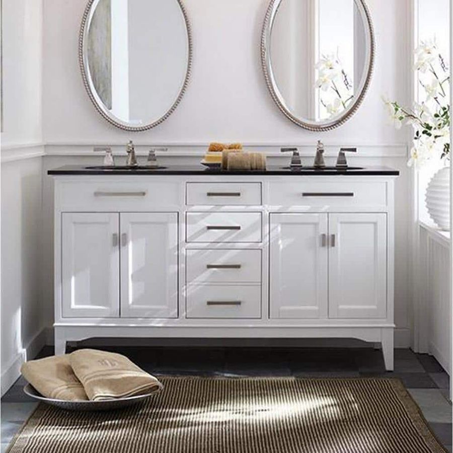 Home Decorators Collection Manor Grove 61 in. W x 22 in. D x 35 in. H Double Sink Freestanding Bath Vanity in White with Black Granite Top 13213-VS61A-WT - The Home Depot added by Nicole Schiavo