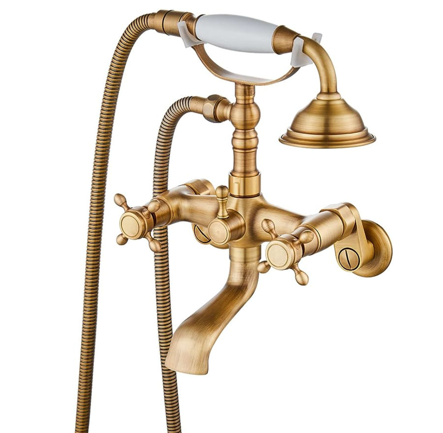 gotonovo Antique brass Clawfoot Bathtub Faucet Wall Mount Hand Held Shower Faucet Set Double cross Handle with 6 Inch Center with Adapter Adjustable Swing Arms added by Jamie Moon