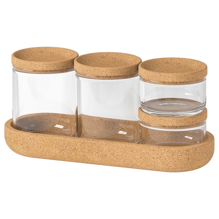 SAXBORGA Jar with lid and tray, set of 5, glass cork - IKEA added by Lacey Kilfoyl