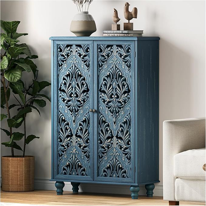 Tall Storage Cabinet,Accent Cabinet with 2 Doors,47" Tall Narrow Cabinet with Solid Wood Legs,Decorative Cabinet with Shelves for Living Room,Entryway,Dining Room,Bedroom,Blue added by KATHERINE ECK