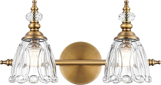 Brass Vanity Light, Farmhouse Brushed Gold Bathroom Light Fixtures, 2 Light Bathroom Vanity Lights, Flower Glass Shade Bathroom Wall Sconce Lighting added by SABi iNTERIORS