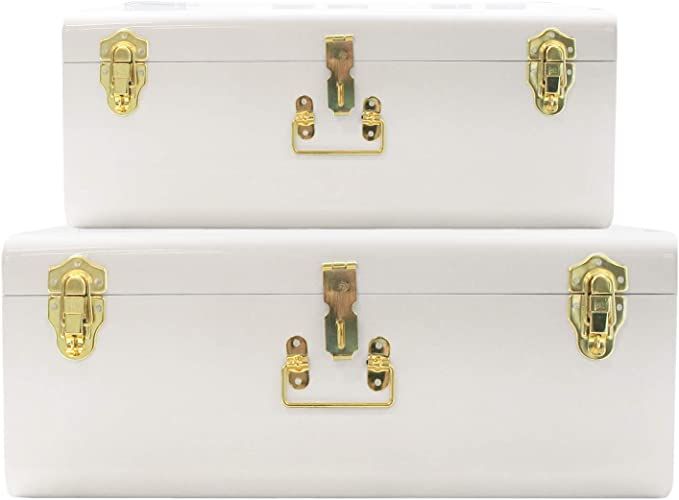 Zanzer White Trunks Set of 2 - Vintage Style Storage w/Gold Finish Handles & Locks - Space Saving Organizer Home Dorm & Office Use added by Emily Bartha