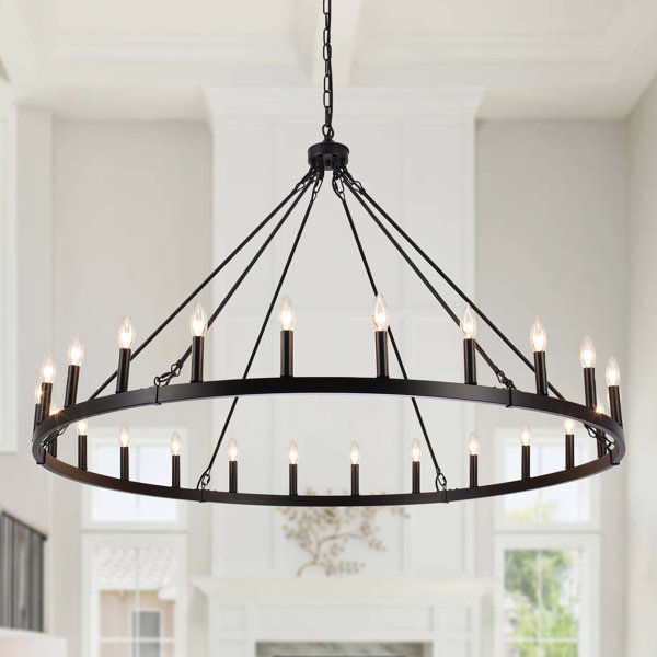 Yeraldine 24 - Light 52in. Lagre Dimmable Wagon Wheel Chandelier Farmhouse Round Vintage Candle Style Light added by Taylor Feinman