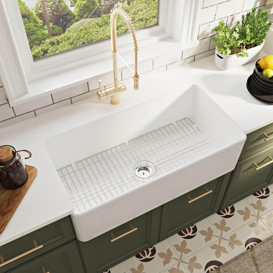 DEERVALLEY Grove White Fireclay 36 in. L x 18 in. W Rectangular Single Bowl Farmhouse Apron Kitchen Sink with Grid and Strainer DV-1K505 - The Home Depot added by HELEN SALGADO