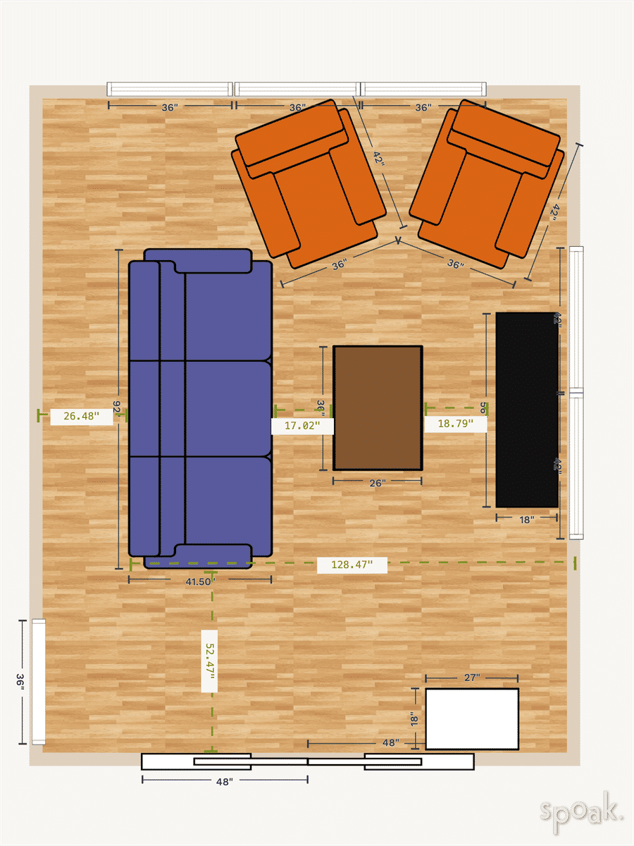 Square Living + Dining Room Floor Plan designed by Aaron Phillips