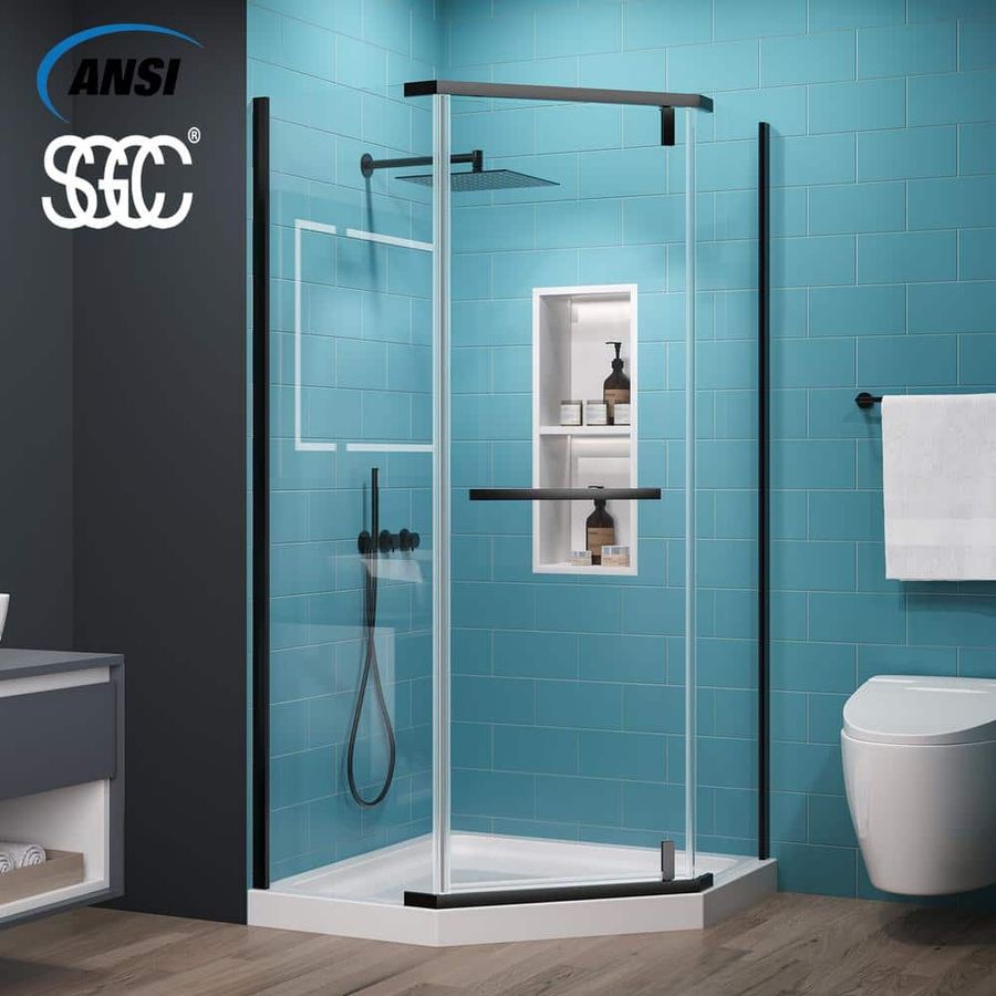 ES-DIY 38 in. W x 72 in. H Neo Angle Pivot Semi Frameless Corner Shower Enclosure in Black without Shower Base 15FXSD3872EN01CLMBX - The Home Depot added by April Meisner