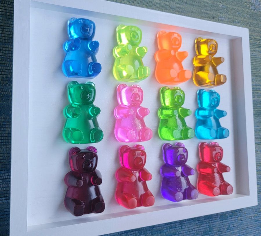Rainbow Resin Gummy Bears, Pop Art Wall Art, Nursery Room Decor, Wall Hanging, Gummy Bear Sculpture, Resin Candy Art, Resin Wall Art, - Etsy added by erika grossman