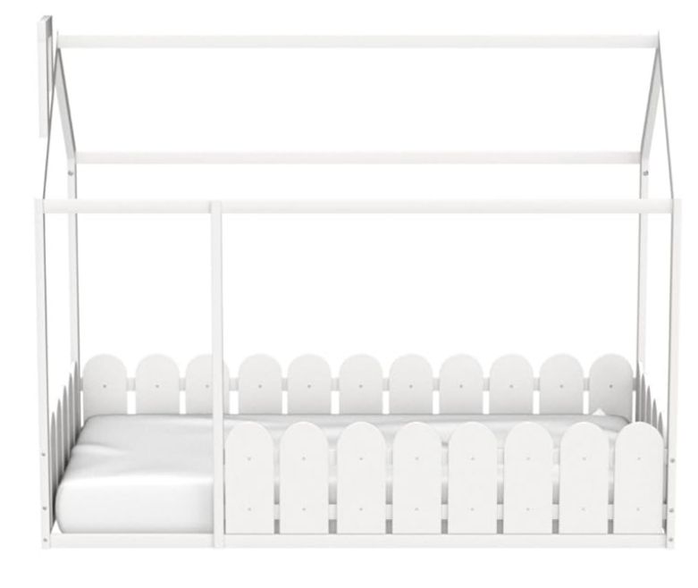 Harper & Bright Designs Twin Floor Bed for Kids, Wood Montessori Floor Bed Twin with Fence-Shaped Rails, Twin Size House Bed for Girls, Boys(Twin,White) added by Laura Johnson