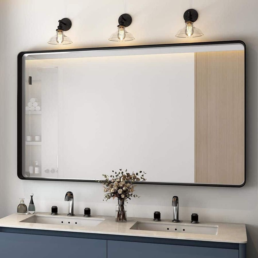 TOOLKISS 60 in. W x 36 in. H Rectangular Aluminum Framed Wall Bathroom Vanity Mirror in Black TK2024 - The Home Depot added by HELEN SALGADO