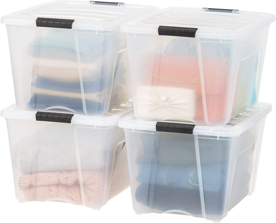 IRIS USA 54 Qt Stackable Plastic Storage Bins with Lids, 4 Pack - BPA-Free, Made in USA - See-Through Organizing Solution, Latches, Durable Nestable Containers, Secure Pull Handle - Clear added by Rachel Fedorov