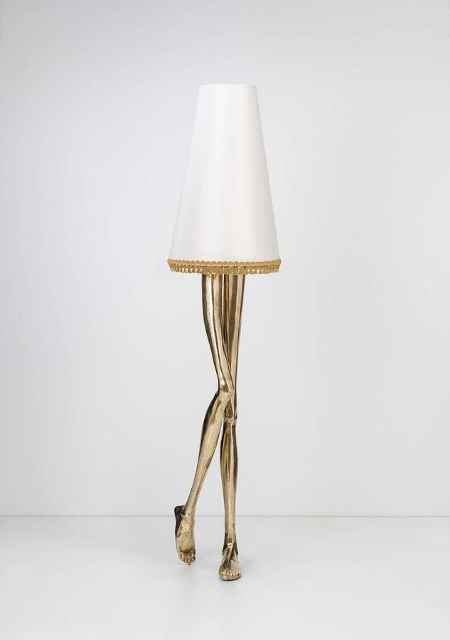 Contemporary Monroe Floor Lamp, Textured Brass Cast and an off White Lampshade added by Hayley Andreesen