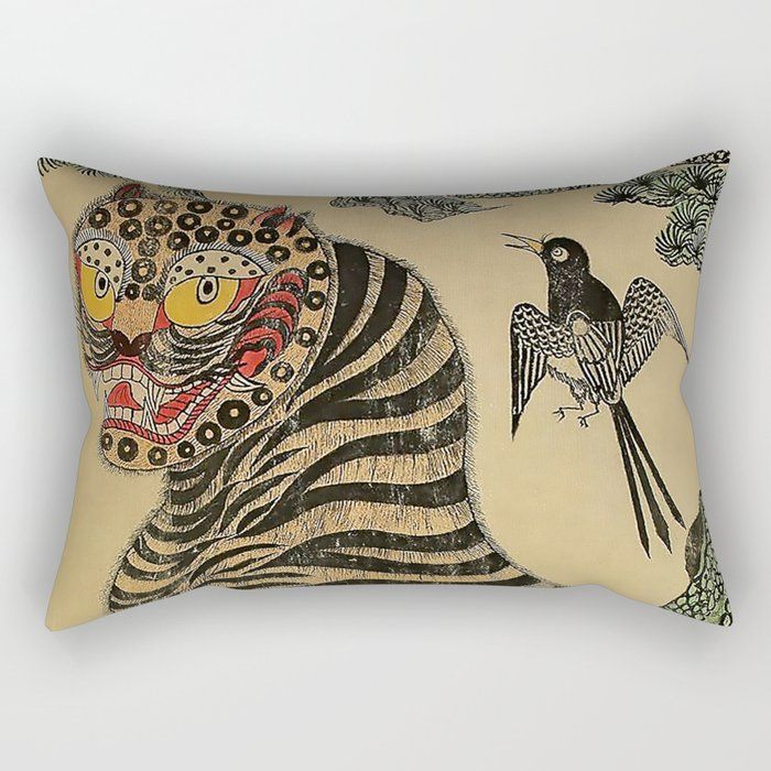 Striped Vintage Minhwa Tiger and Magpie Rectangular Pillow by Patricia added by Auberon Shull