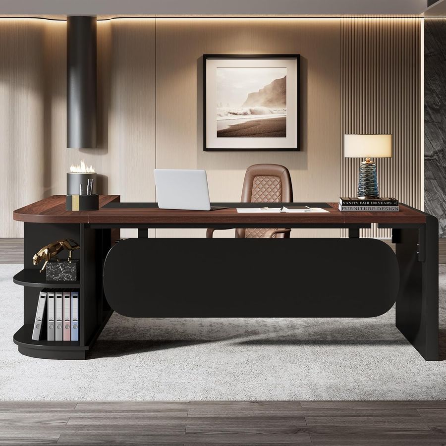 Tribesigns 80'' L-Shaped Desk, Large Executive Office Desk with 55'' Drawers Cabinet, Modern Computer Table with Storage Shelves, Business Furniture for Home Office, Walnut & Black added by Belinda McClendon