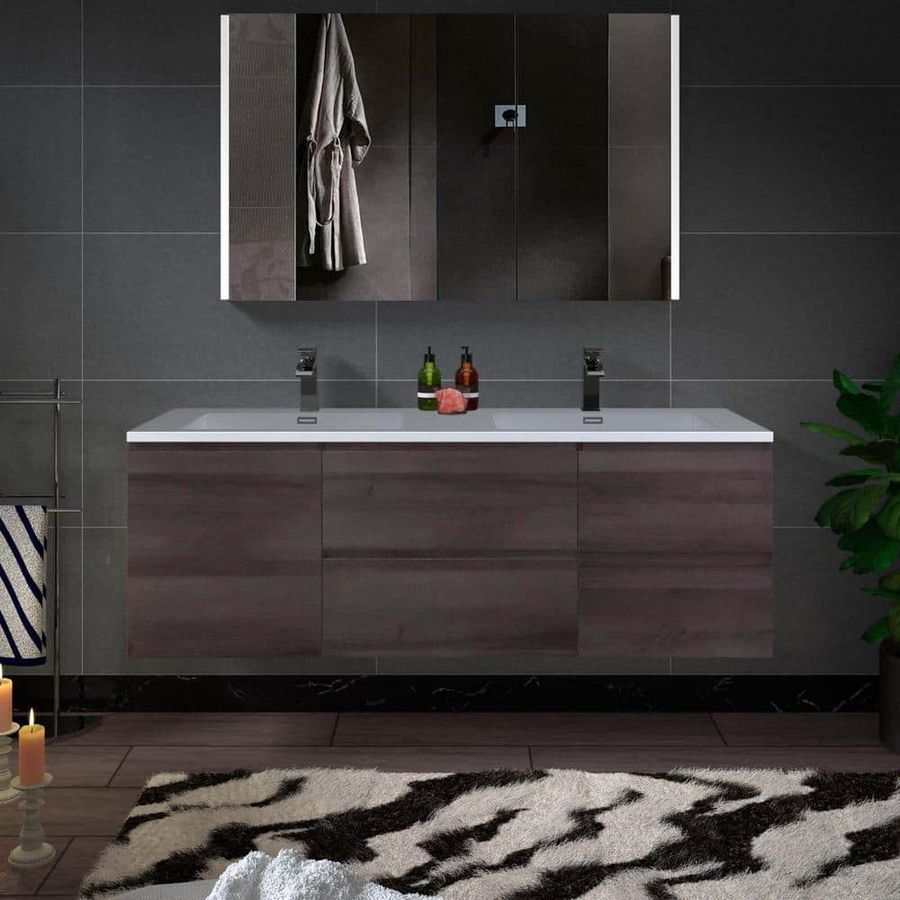 WOODBRIDGE NJ 59 in. W x 19.63 in. D x 21.5 in. H Double Sink Floating Bath Vanity in Grey Oak with White Resin Top HV1503 - The Home Depot added by Robbie Ambrosio