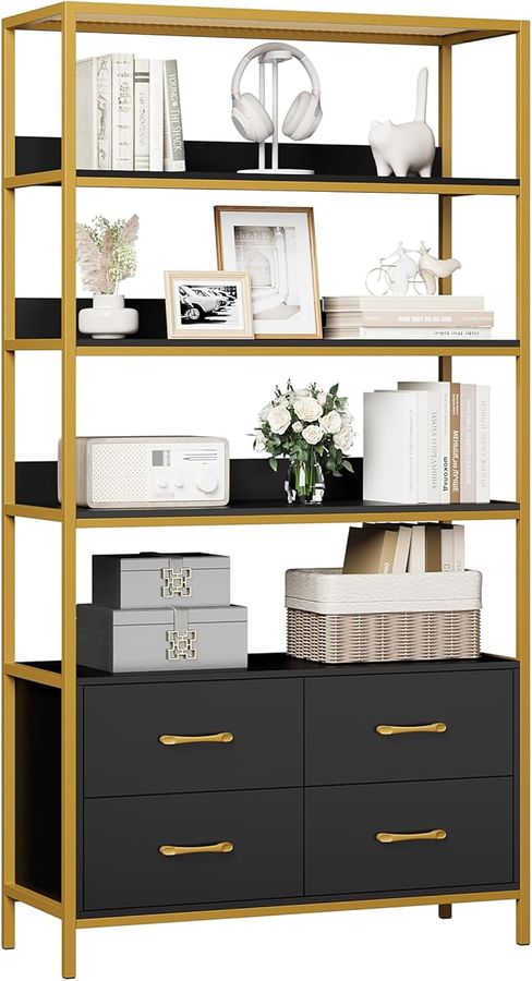 HITHOS 5 Tier Bookshelf with Drawers, 71" Tall Bookcase with Shelves, 35.4" Wide Free Standing Book Storage Shelf, Modern Wood Display Cabinet for Living Room, Study, Home Office, Gold Black added by Josie Wheeler