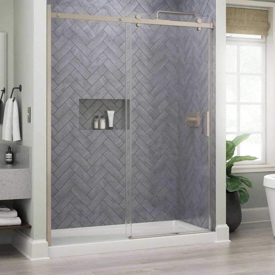 Delta Commix 54-3/8 to 60 in. W x 76 in. H Frameless Exposed Roller Sliding Shower Door in Nickel with 5/16 in. Clear Glass SDES860-BN-R - The Home Depot added by HELEN SALGADO
