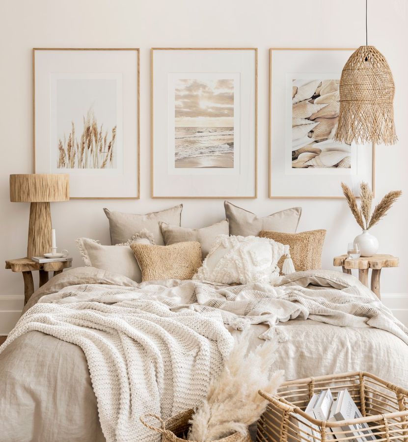 Beige sea gallery wall beach prints beige bedroom ideas oak frames added by Amy Marshall