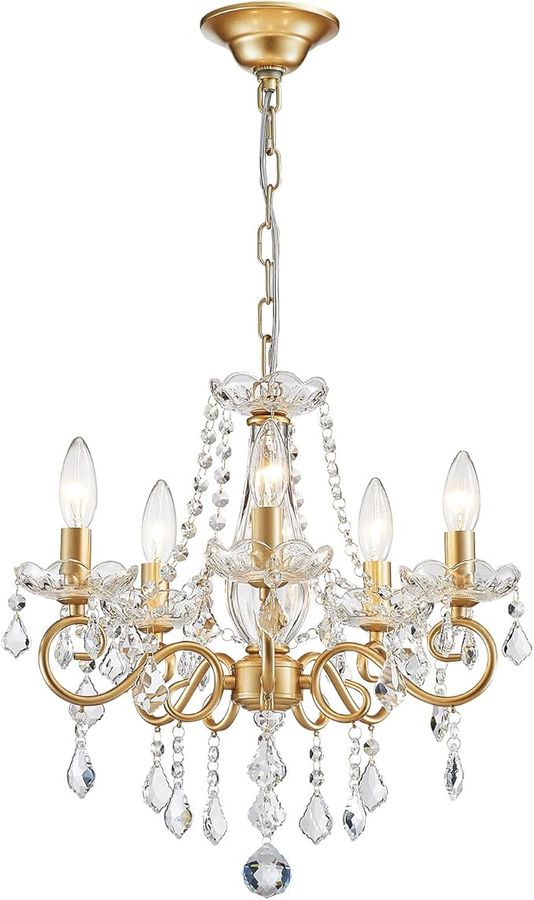 ANJIADENGSHI Mini Crystal Chandelier K9 Crystal Lighting Chandelier for Living Room 5 E12 Bulbs High 16.5 in x Diameter 16.9 in, Golden added by Nevine Amer