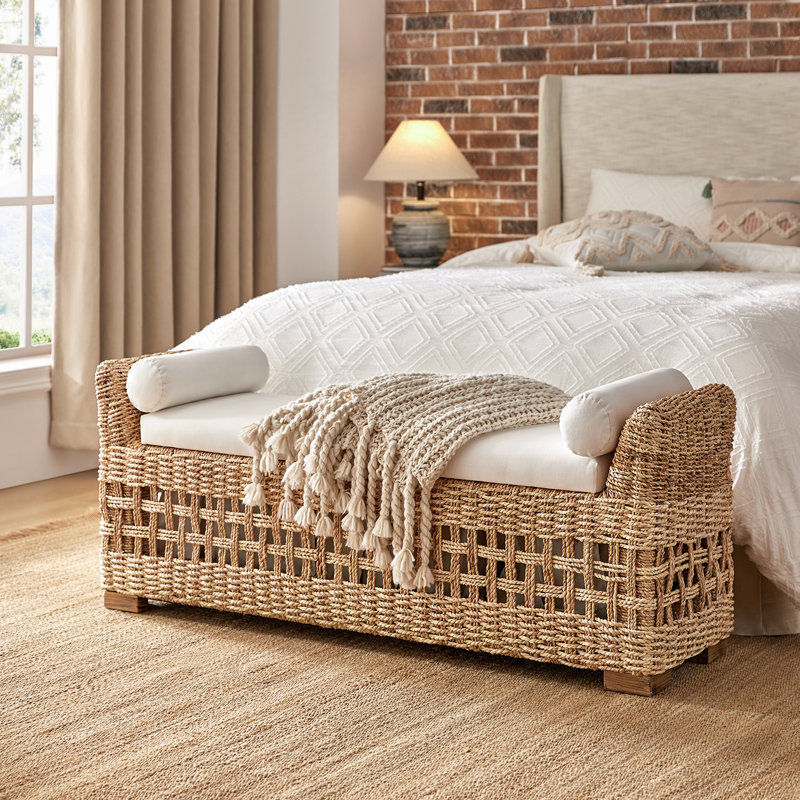 Boatwright 56'' W Flip Compartment Storage Rattan Upholstered Bench with Two Pillows and Solid Wood Feet added by Raquel Guerrero