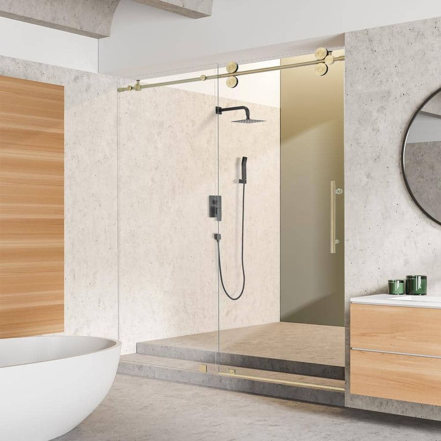 Altair Lazaro 60 in. W x 78 in. H Sliding Frameless Shower Door in Brushed Gold Finish with Clear Glass SD80360-SS-BG - The Home Depot added by Erin Herston