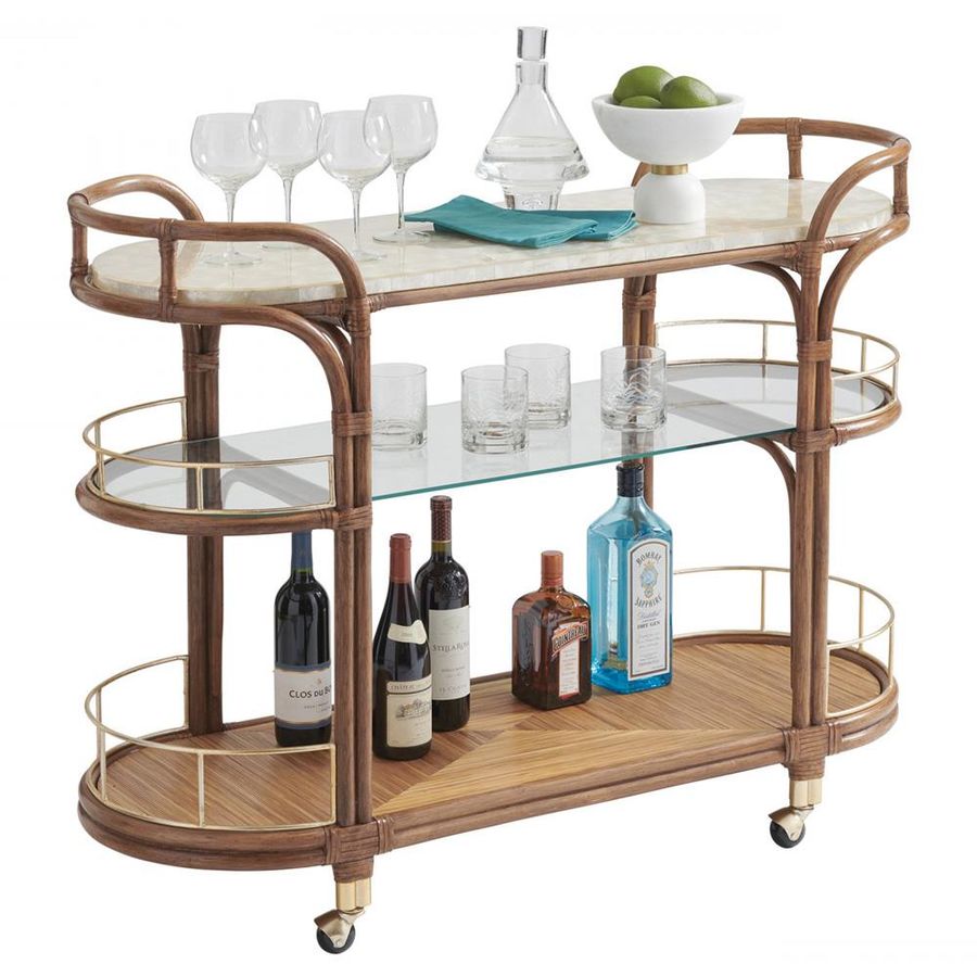 Tommy Bahama Toscana Coastal Beach Brown Rattan Gold Metal Bar Cart added by erika grossman