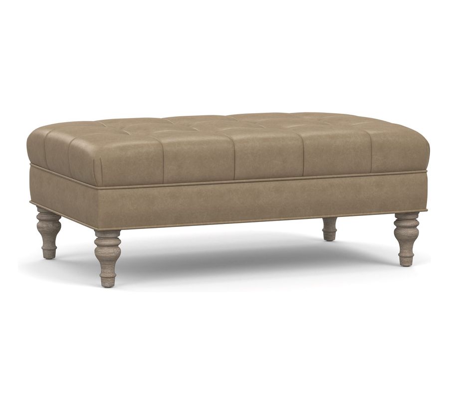Martin Leather Ottoman 52.5" w x 32" d x 19.5" h, walnut no nailheads, molasses leather added by Lauren Meadows