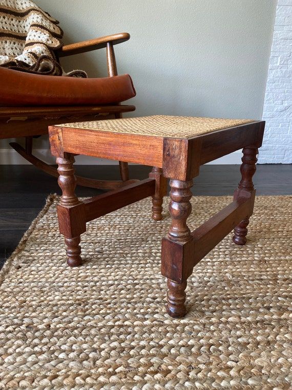 Vintage Mid Century Footstool Wood and Cane - Etsy added by Emily Perdue