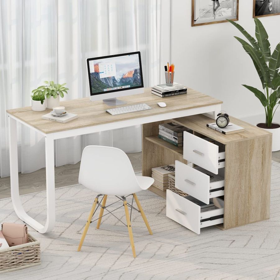 FUFU&GAGA Large 55.1" L-Shaped Office Desk with 41.3" File Cabinet, Corner Computer Desk with 3 Drawers & 2 Shelves, Workstation Executive Desk with Storage Shelf for Home Office - Grey added by Kate McKay Designs