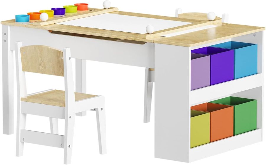 ROOMTEC 2-in-1 Kids Table and Easel Chair Set, Toddler Craft Play Wood Activity Desk with Storage Bins & Paper Roll for Art, Drawing, Reading, Playroom, White, OneSize added by Lauren Kunewa