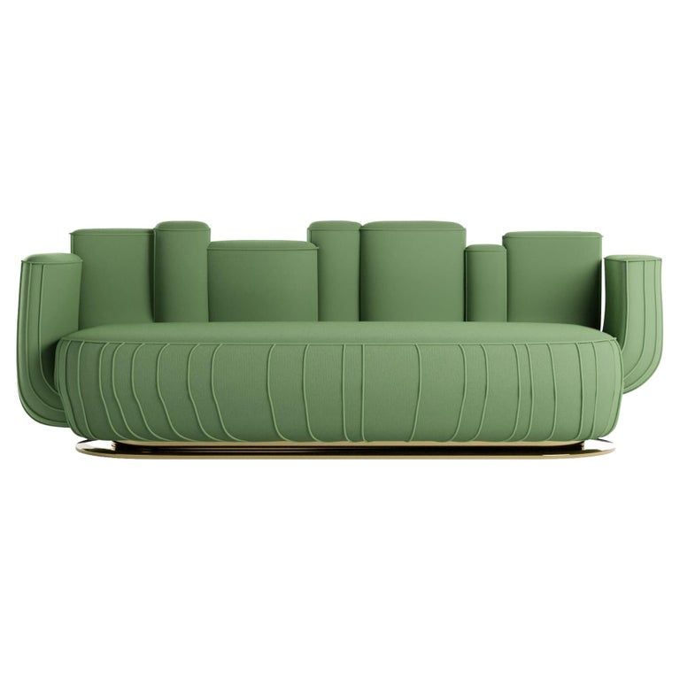 Mid-Century Modern Style Sage Green Velvet Sofa Cactus Shape w/ Swivel Gold Base added by Megan Keltner