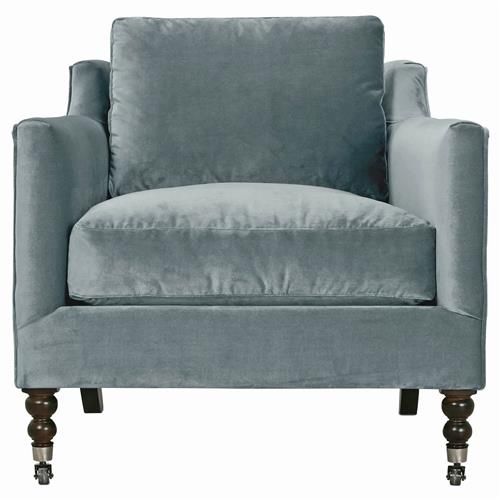 Madeline French Slate Blue Upholstered Brown Wood Pewter Casters Arm Chair added by Rachel Putnam