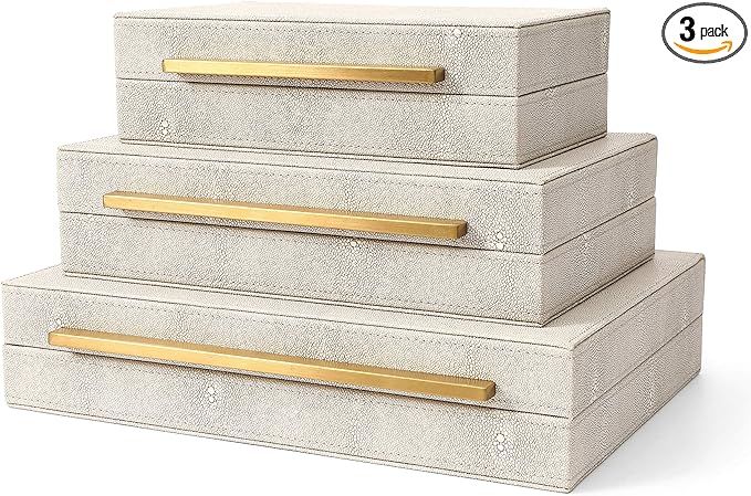 RUNYAO Kingflux Faux Ivory Shagreen Leather Set of 3 Pcs Decorative Boxes, Storage Boxes Jewelry Organizer, Men's Accessory Organizer (Ivory) added by Tanya Evans