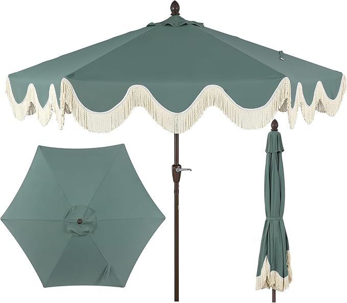 JONATHAN Y UMB1001G Collins 9 ft. Classic Cottage Tassel Market Patio Umbrella with Auto-Tilt, Crank, Wind Vent and UV Protection in Green/Cream added by Erica Ramon