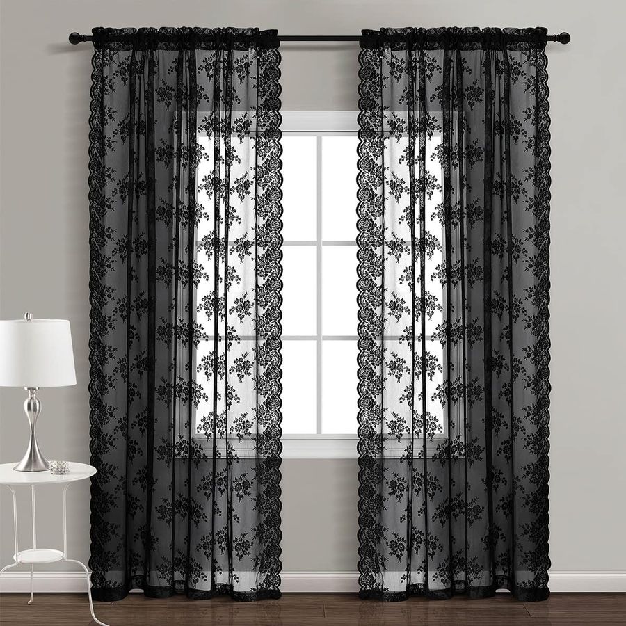 Kotile Black Lace Curtains 96 Inch Length, Vintage Victorian Floral Sheer Lace Curtains, Gothic Black Sheer Curtains for Living Room, Rod Pocket Window Curtain Panels, 52 x 96 Inch, 2 Panels, Black added by Libbie Dailey