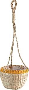 Creative Co-Op Hand-Woven Hanging Seagrass Planter with Plastic Lining, Natural & Yellow (Holds 4" Pot) Basket added by Spoak Member