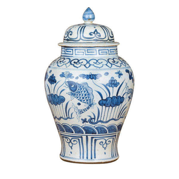 Blue And White Small Porcelain Temple Jar Fish Lotus Motif added by Sarah Jane Meek