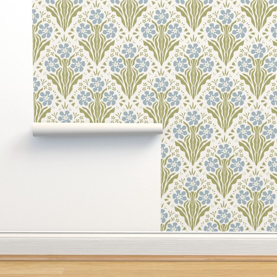 Celeste blue floral block print Wallpaper | Spoonflower added by Liz Nevil-Smith