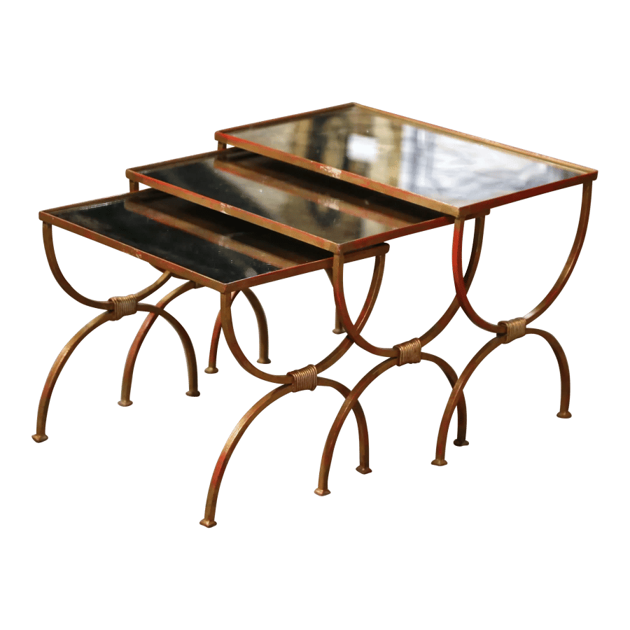 Mid-Century French Iron and Mirrored Glass Curule Nesting Tables, Set of 3 added by Laurel Browning